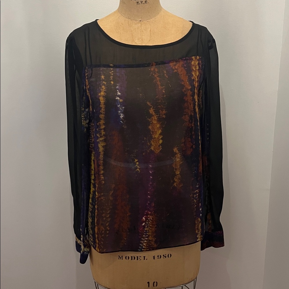 W118 by Walter Baker Sheer Long-sleeve Black/Print Top M